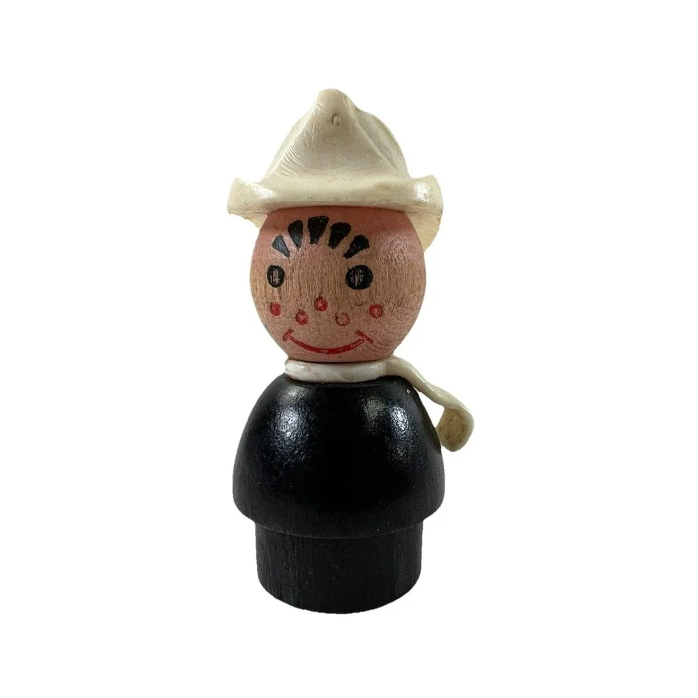 1974 VINTAGE Fisher Price Little People Figure Wood Firefighter Fireman Set 720